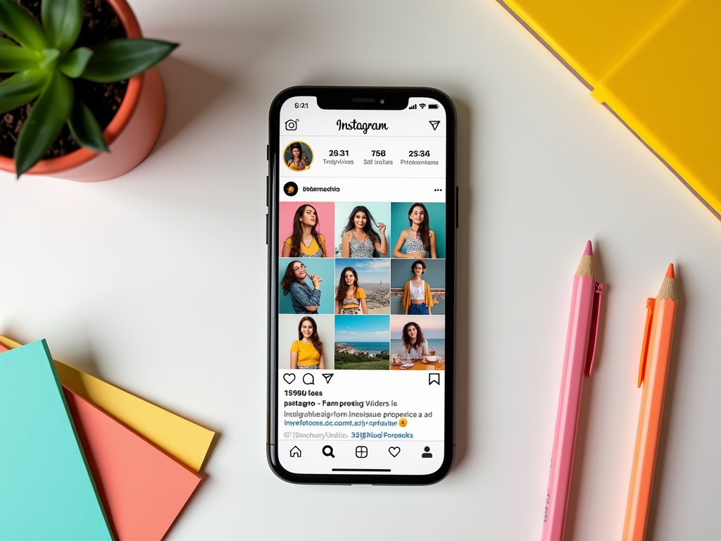 На изображении смартфон с открытым Instagram, на фоне канцелярских принадлежностей и растения.