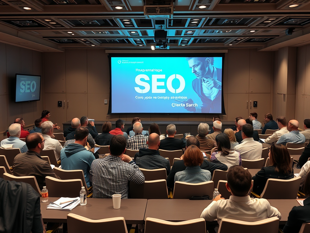 Семинар по SEO: участники слушают презентацию на большом экране в конференц-зале.