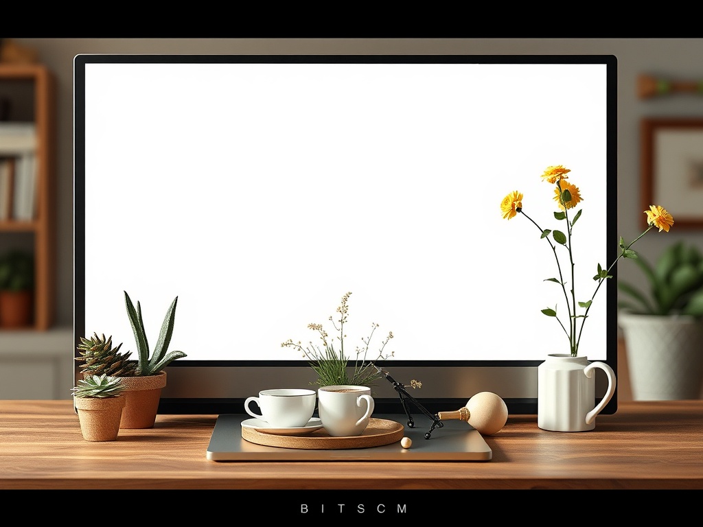 На столе стоят цветы, растения и чашки. Экран монитора пустой, создавая уютную атмосферу.