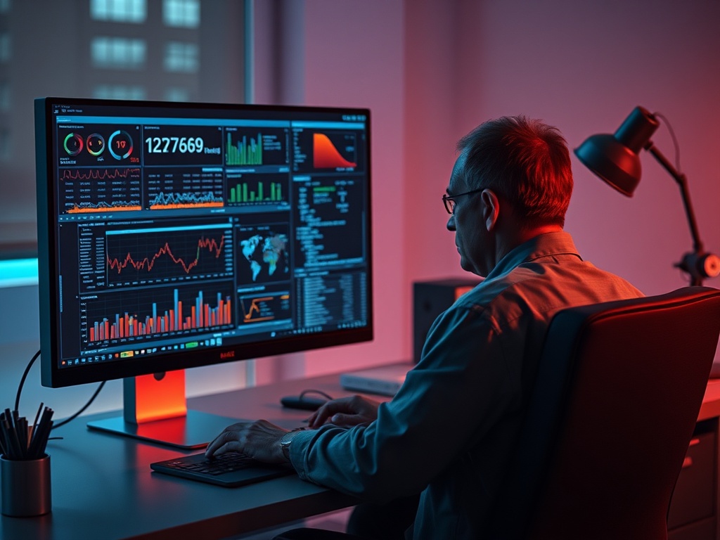 Человек работает за компьютером с данными и графиками в офисе с ярким освещением.