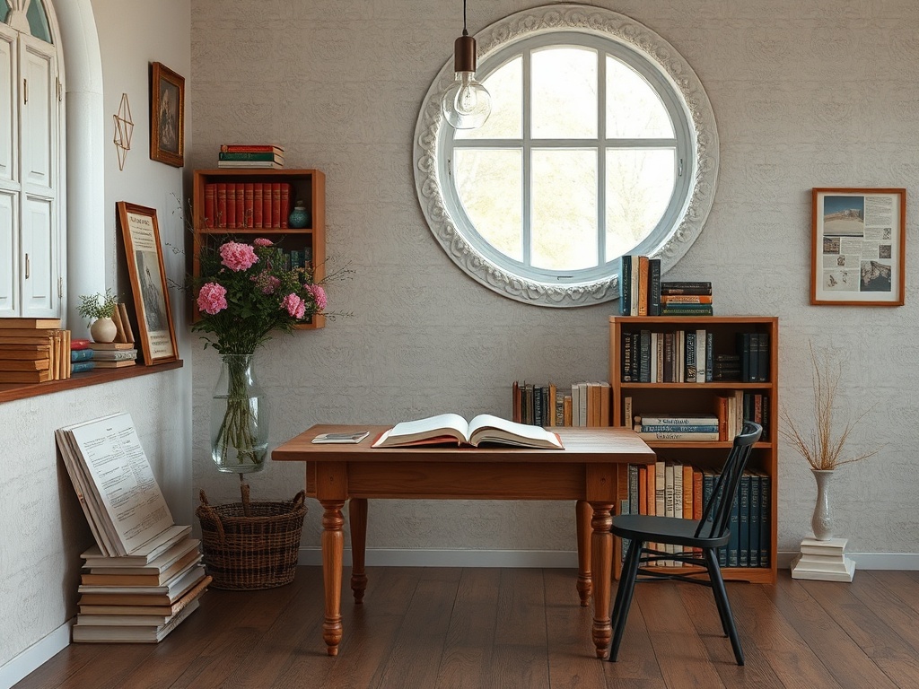 Светлый кабинет с круглым окном, деревянным столом и стулом, шкафом с книгами и цветами на столе.