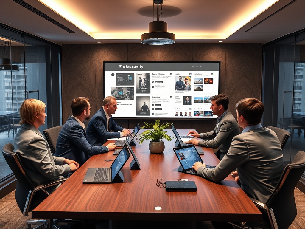 В деловой комнате шесть человек обсуждают идеи, сидя за столом, с ноутбуками и экраном с презентацией.
