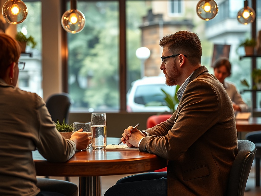 Два человека обсуждают что-то за круглым столом в уютном кафе с растениями и светильниками.