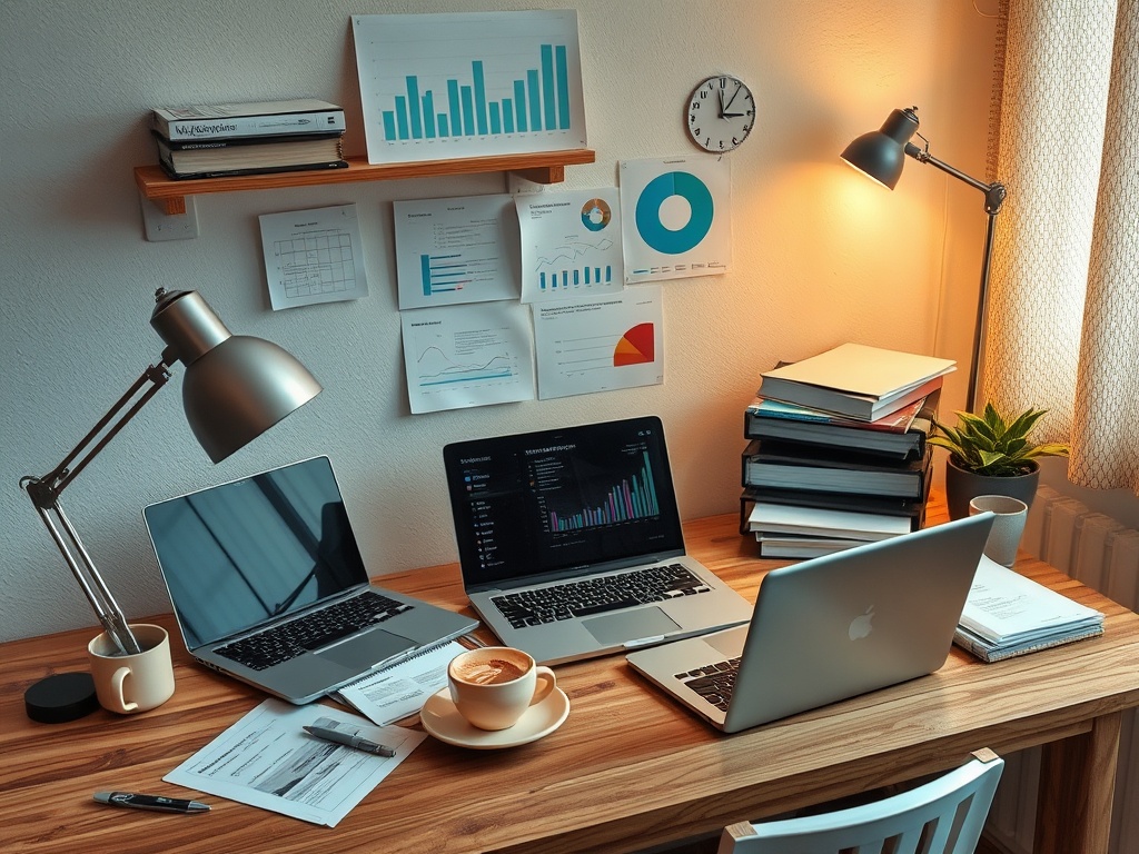 Рабочий стол с несколькими ноутбуками, документами, чашкой кофе и графиками на стене. Уютная атмосфера.