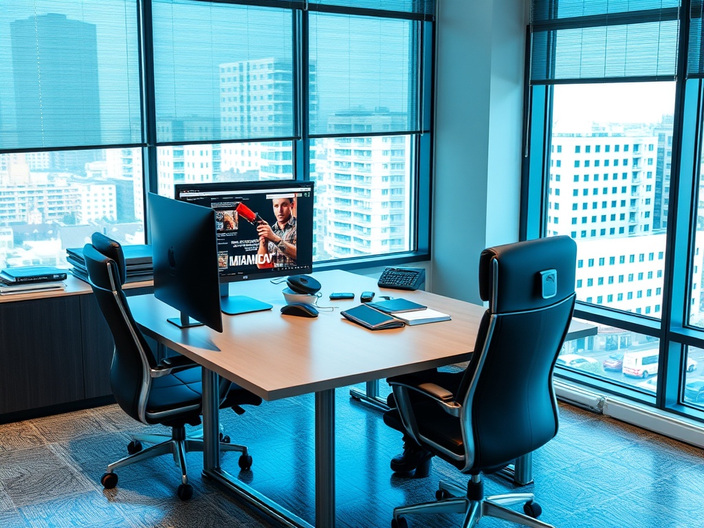 Современный офис с большим столом и окнами, выходящими на город, с компьютером и офисными принадлежностями.