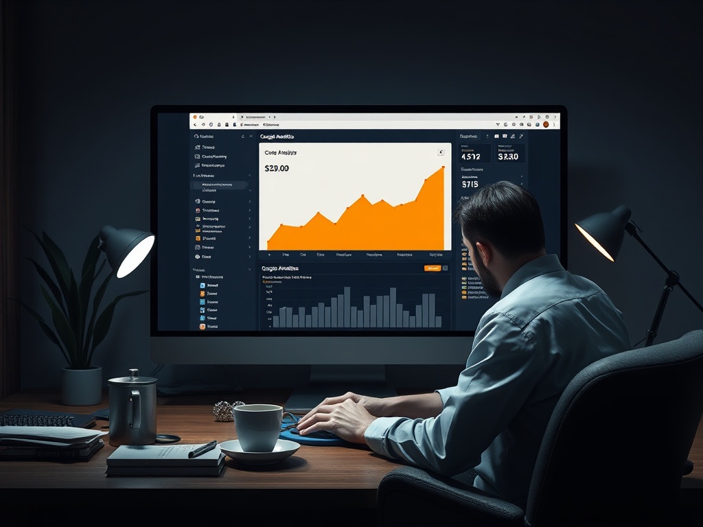 Мужчина работает за столом, анализируя графики и данные на большом экране компьютера в темной комнате.