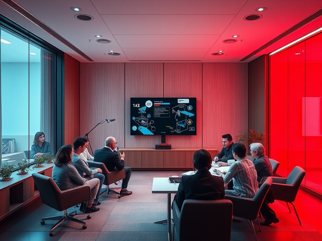 В moderno офисе проходят деловые переговоры. Участники обсуждают проект, представлен на экране.